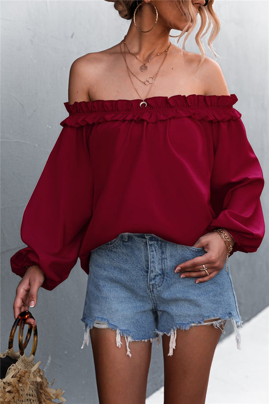 Women's Frill Trim Off-Shoulder Balloon Sleeve Top