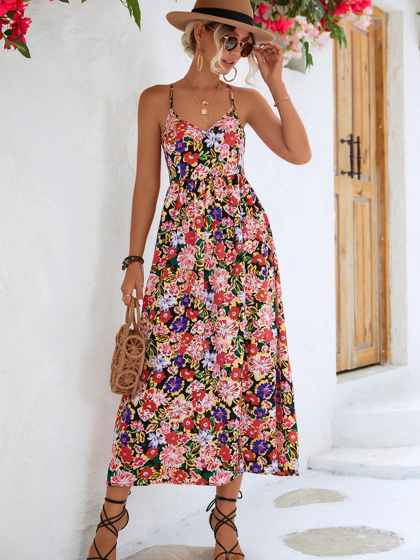 Women's Floral Crisscross Backless Split Dress