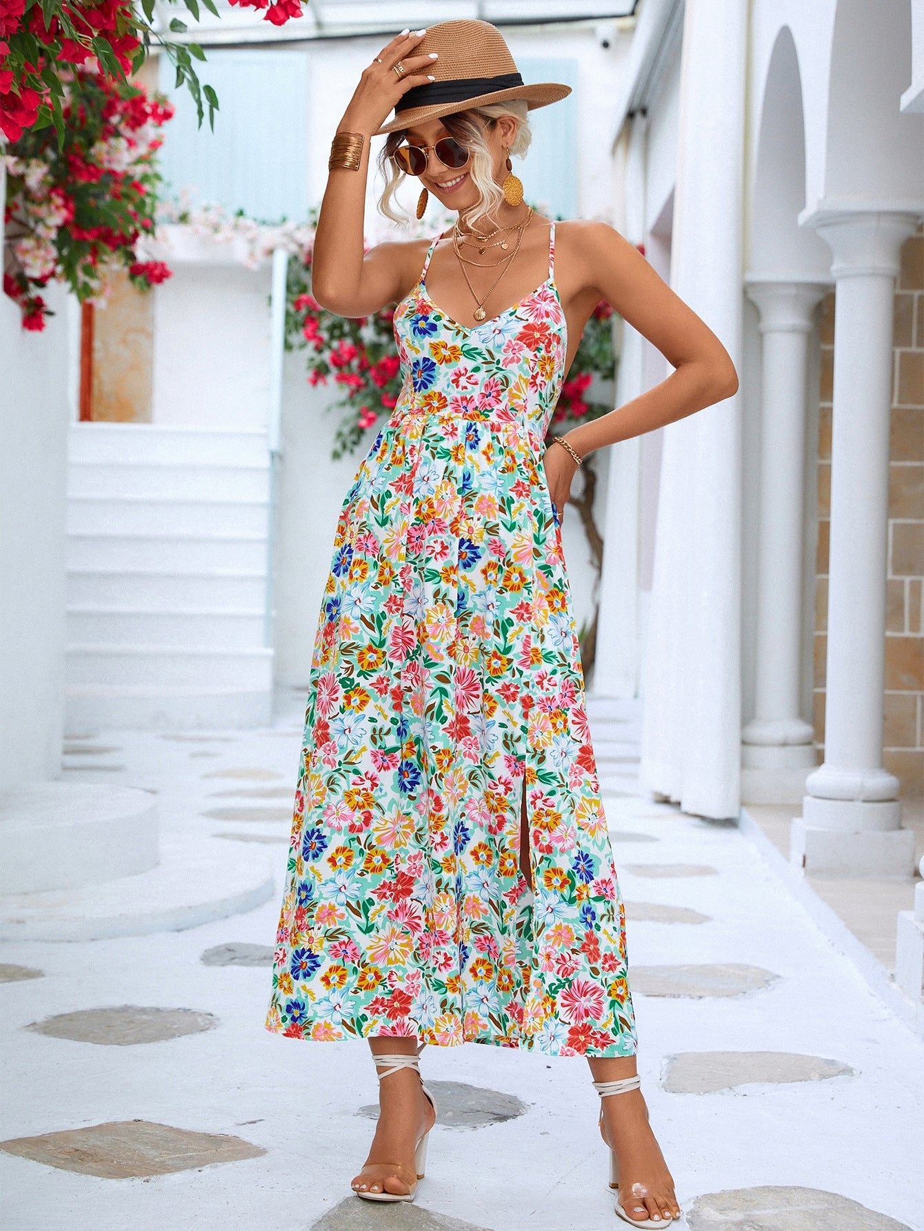 Women's Floral Crisscross Backless Split Dress