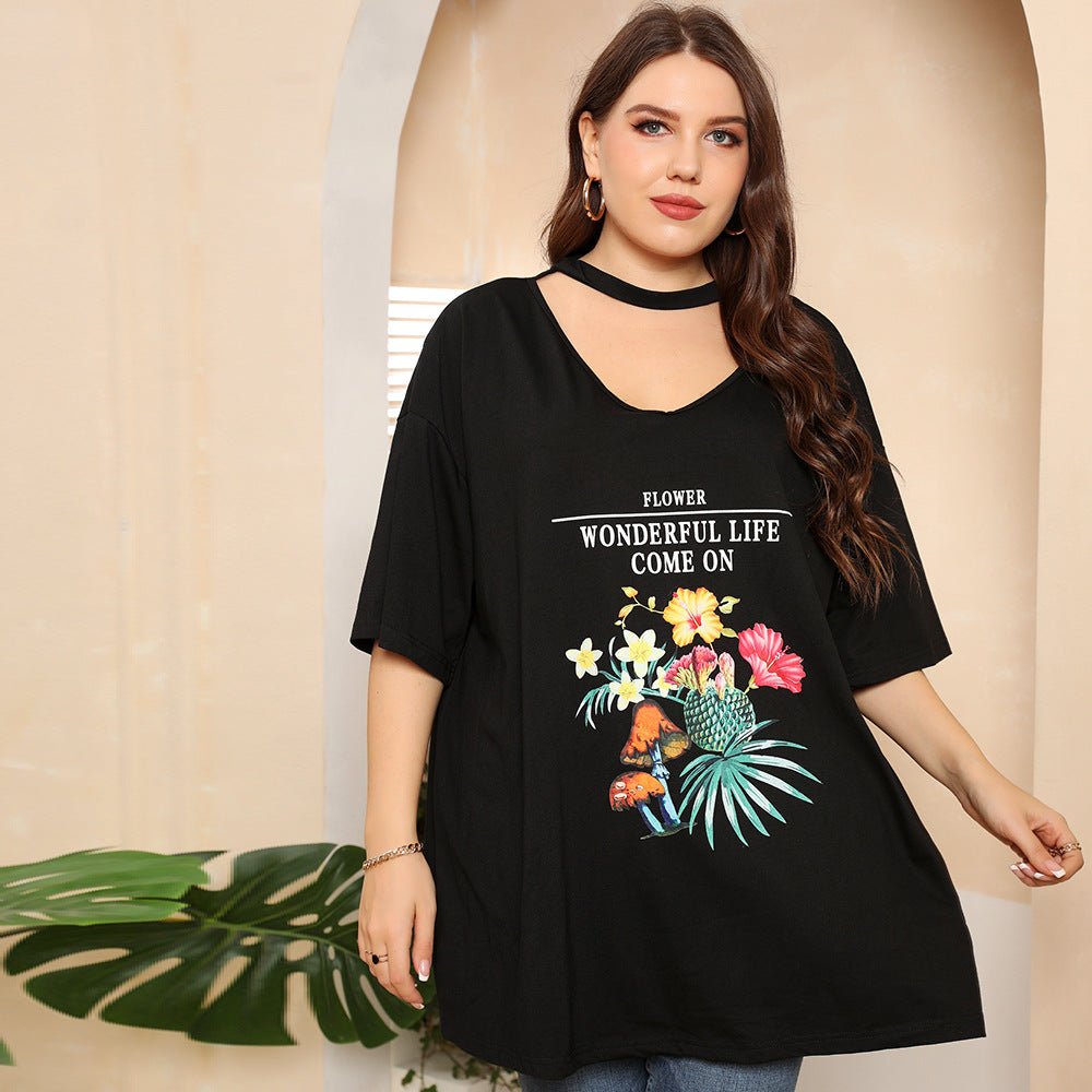 PrettyMe Plus Size Graphic Wonderful Life Cutout Half Sleeve Tunic Tee