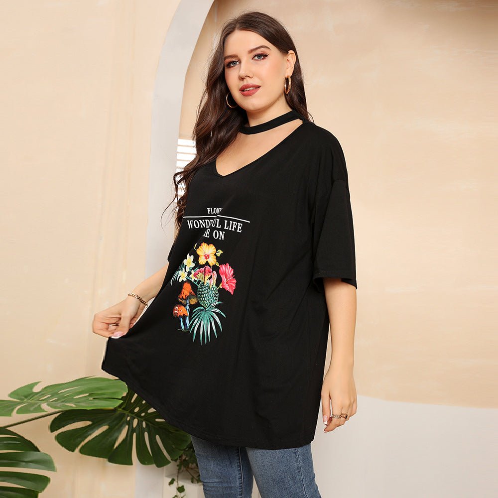 PrettyMe Plus Size Graphic Wonderful Life Cutout Half Sleeve Tunic Tee