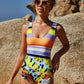 Women's Mixed Print Thick Strap Scoop Neck One-Piece Swimsuit