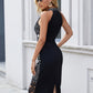 EillyBazar Two-Tone Grecian Neck Slit Lace Midi Dress