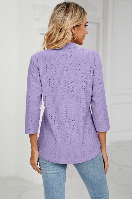 Full Size Eyelet Three-Quarter Sleeve Blouse
