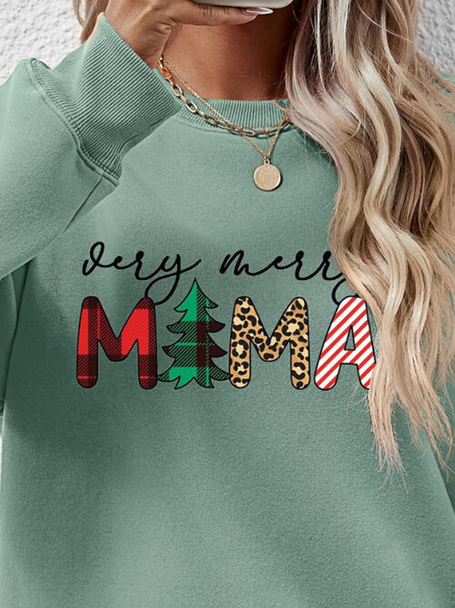 Christmas Themed VERY MERRY MAMA Letter Graphic Round Neck Long Sleeve Sweatshirt