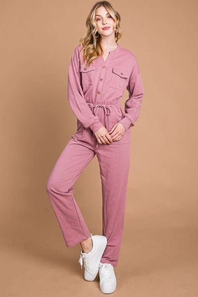 Culture Code Full Size Button Up Drawstring Waist Straight Jumpsuit *
