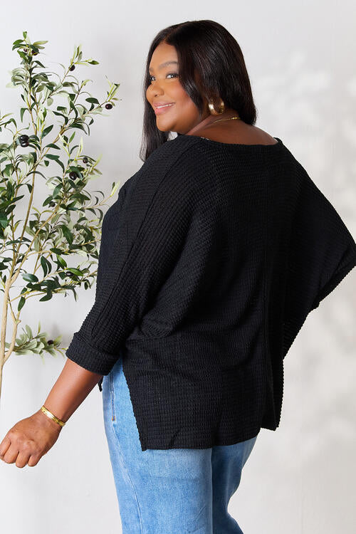 Zenana Full Size Round Neck High-Low Slit Knit Top *