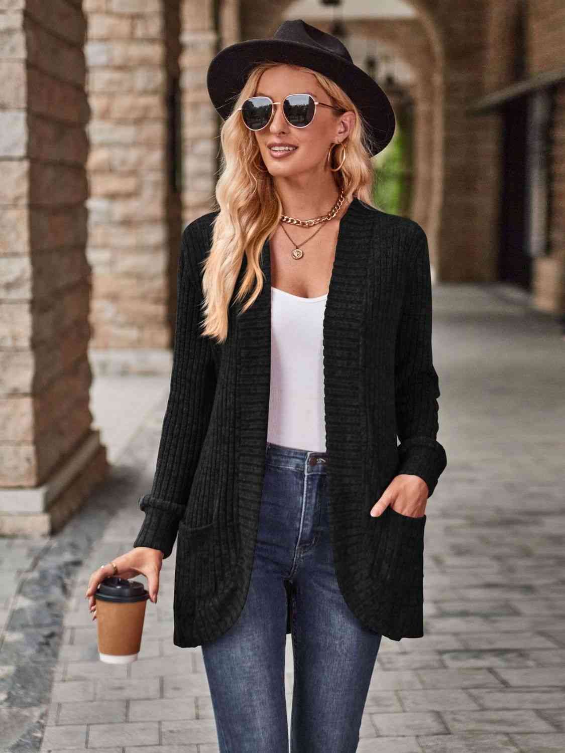 Full Size Open Front Cardigan with Pockets