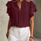 Ruffled Notched Short Sleeve Blouse