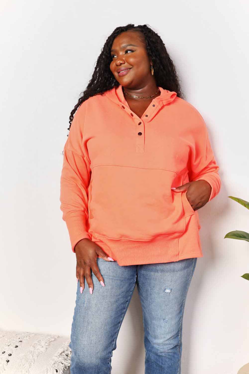 Double Take Quarter-Snap Dropped Shoulder Hoodie *