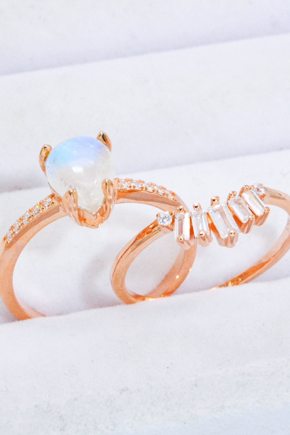 Women's Natural Moonstone and Zircon 18K Rose Gold-Plated Two-Piece Ring Set