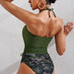 Full Size Green Drawstring Ruched Halter Neck Swim Top and Camouflage Bottoms Set
