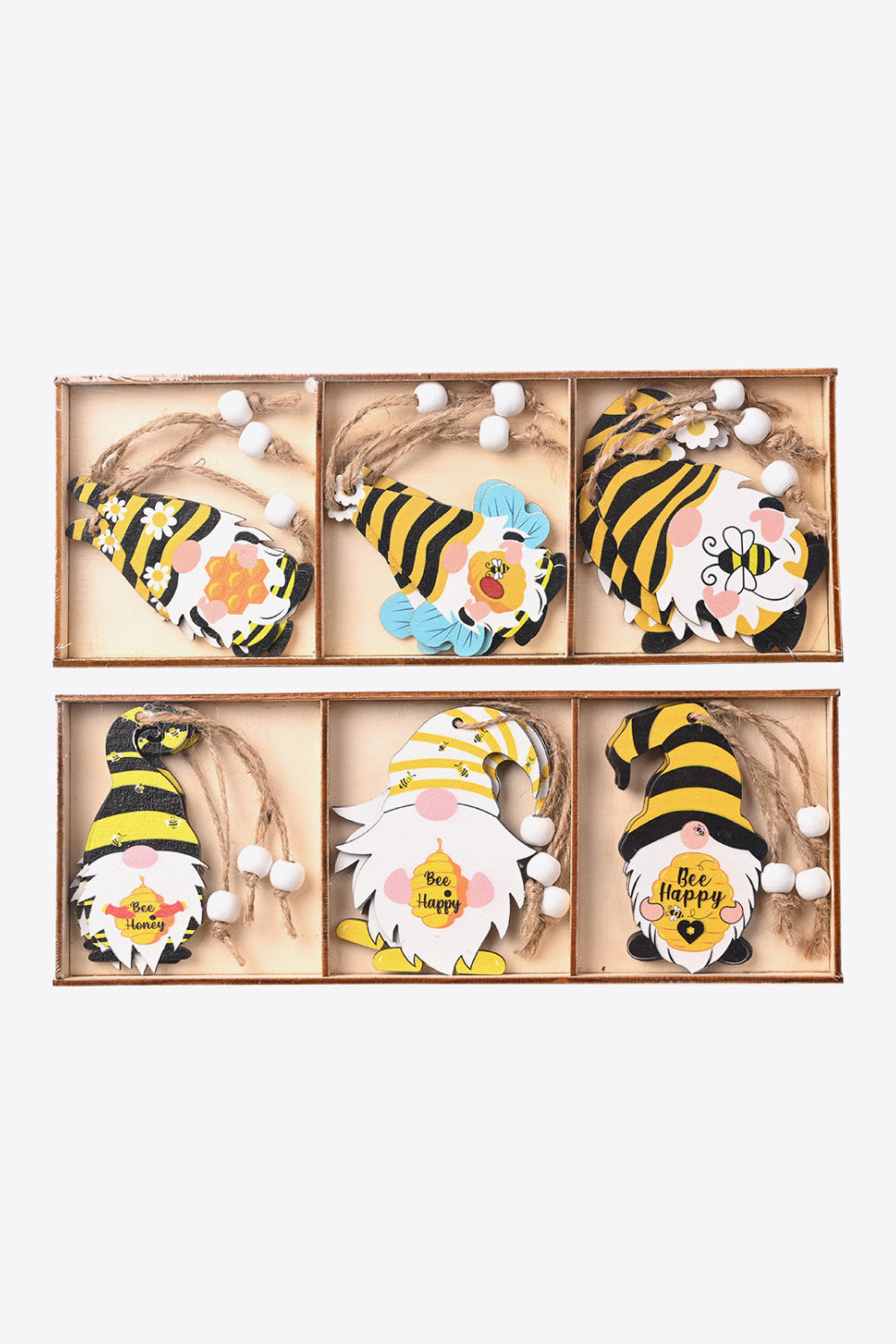 Hanging 3-Pack Bee Themed Wood Gnome Ornaments