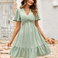 Women's Swiss Dot V-Neck Openwork Puff Sleeve Dress