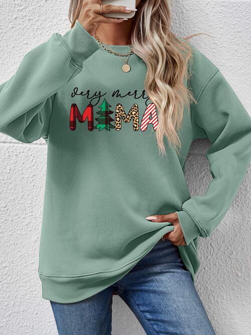 Christmas Themed VERY MERRY MAMA Letter Graphic Round Neck Long Sleeve Sweatshirt