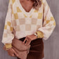Checkered V-Neck Lantern Sleeve Sweater