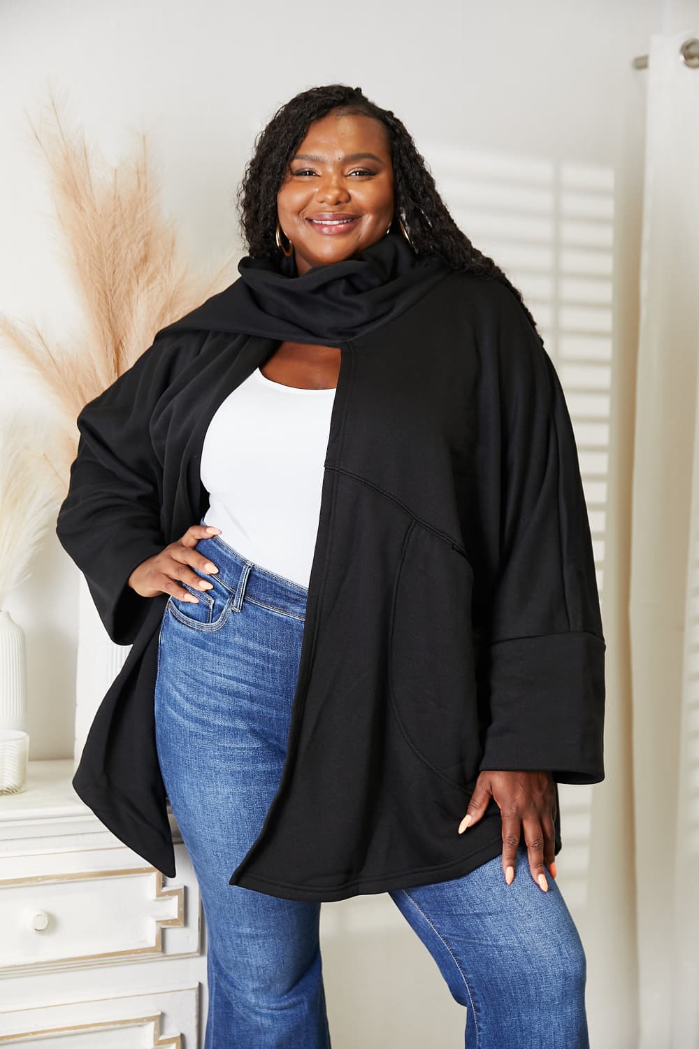 HEYSON Full Size Open Front Black Cardigan with Scarf Design