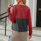 Full Size Color Block Round Neck Long Sleeve Slit T-Shirt