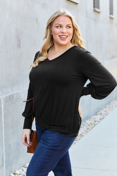 Basic Bae Full Size V-Neck Lantern Sleeve Blouse *