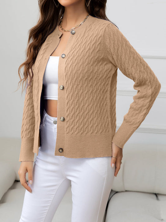 AuroraBlissX Round Neck Cable-Knit Buttoned Knit Top