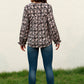 Black Floral Flounce Sleeve Round Neck Blouse