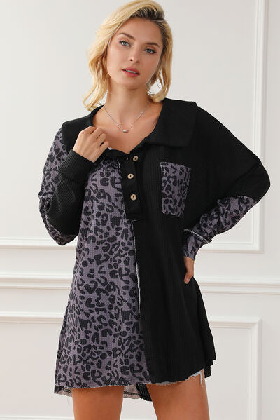 Women's Salena Half Button Leopard Collared Neck Blouse