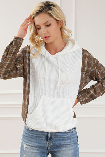 Plaid Waffle-Knit Drawstring Kangaroo Pocket Hoodie