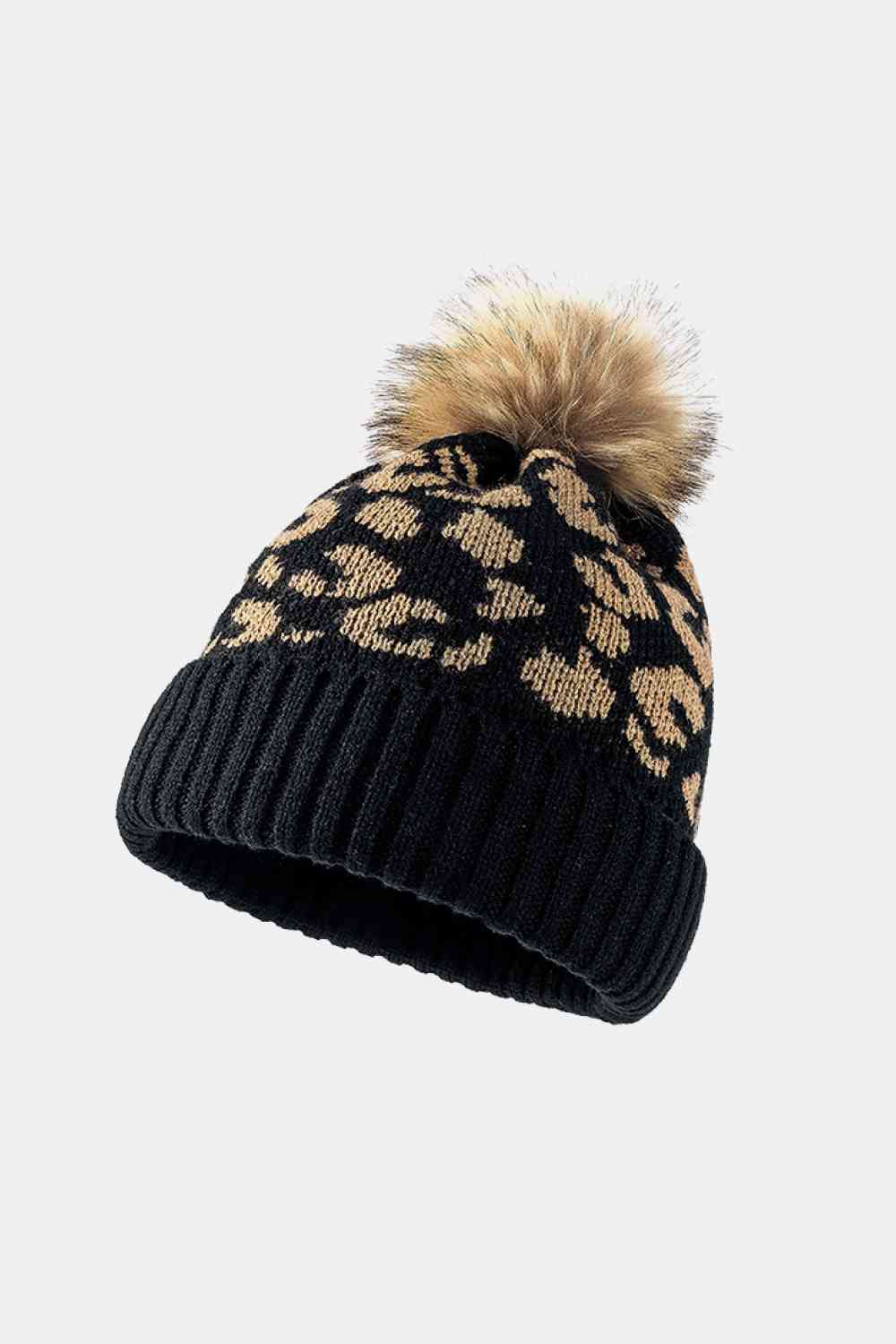 BeanieHatz Black Leopard Pom-Pom Cuffed Beanie