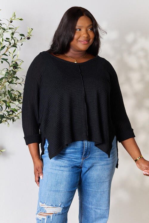Zenana Full Size Round Neck High-Low Slit Knit Top *