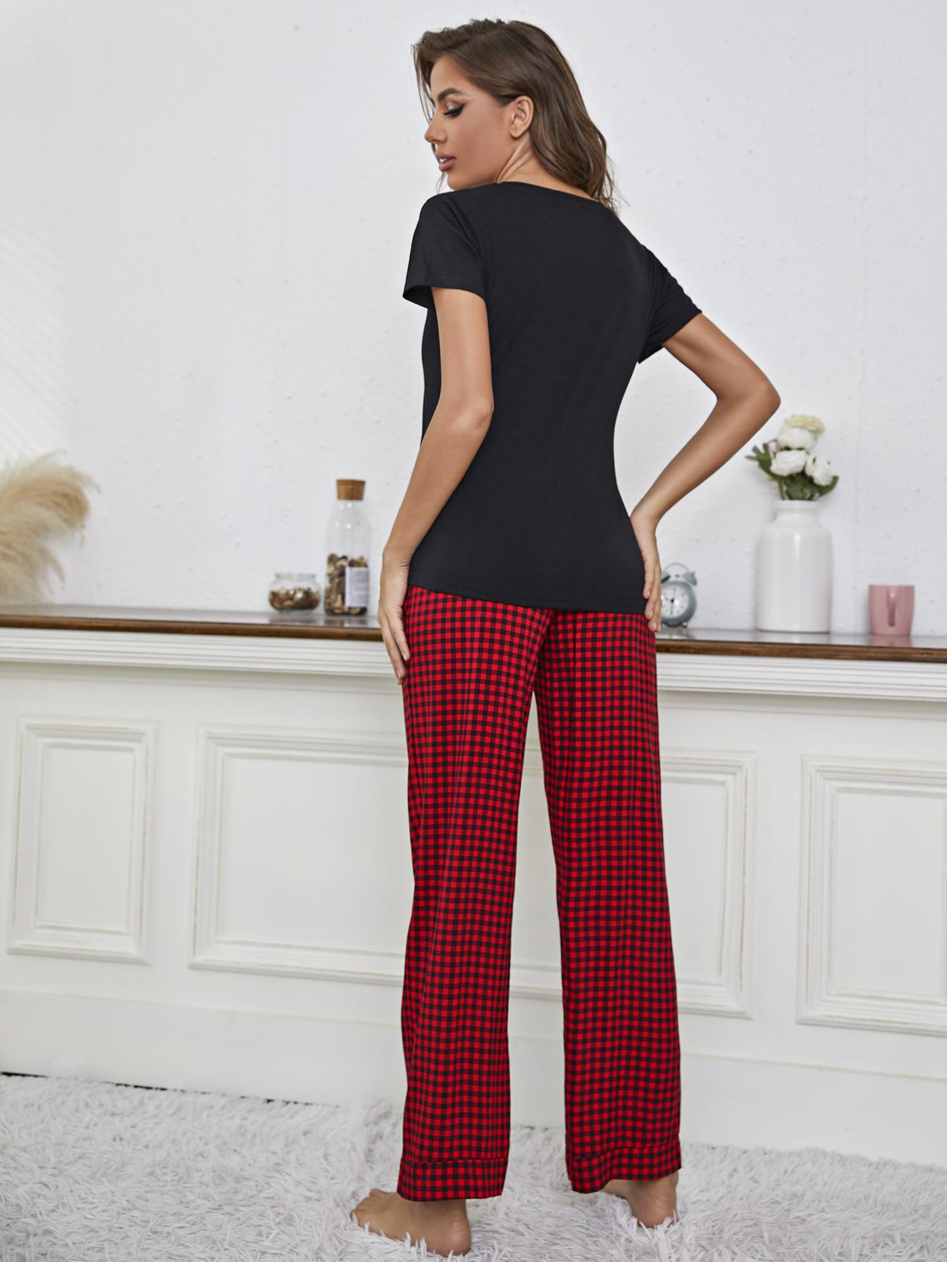 Full Size V-Neck Top and Gingham Pants Lounge Set