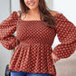 Plus Size Brick Red Square Neck Balloon Sleeve Peplum Blouse