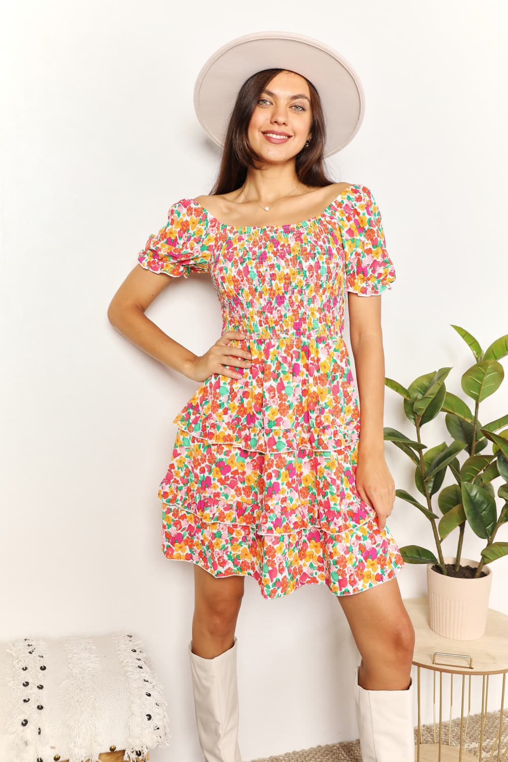 Double Take Strawberry Smocked Sweetheart Neck Flounce Sleeve Strawberry Mini Dress *