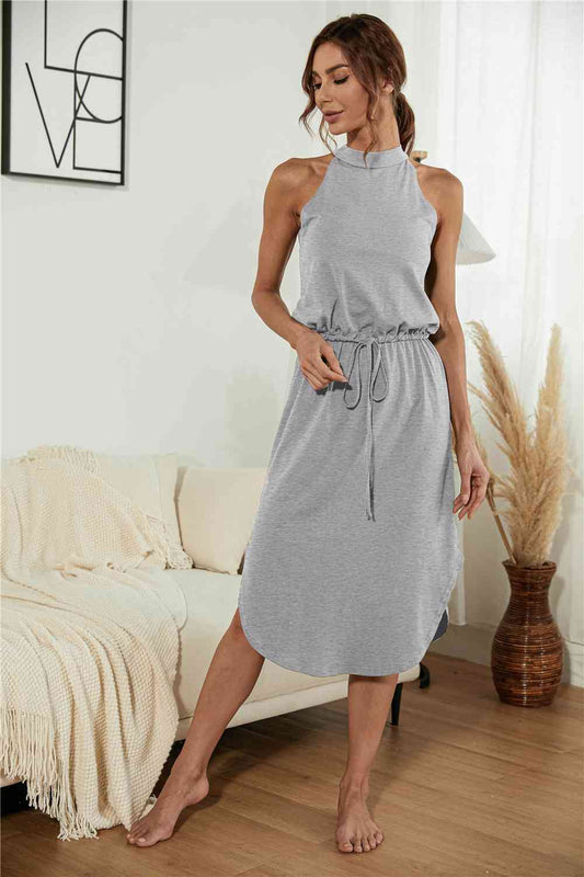 Full Size Drawstring Open Back Slit Sleeveless Dress