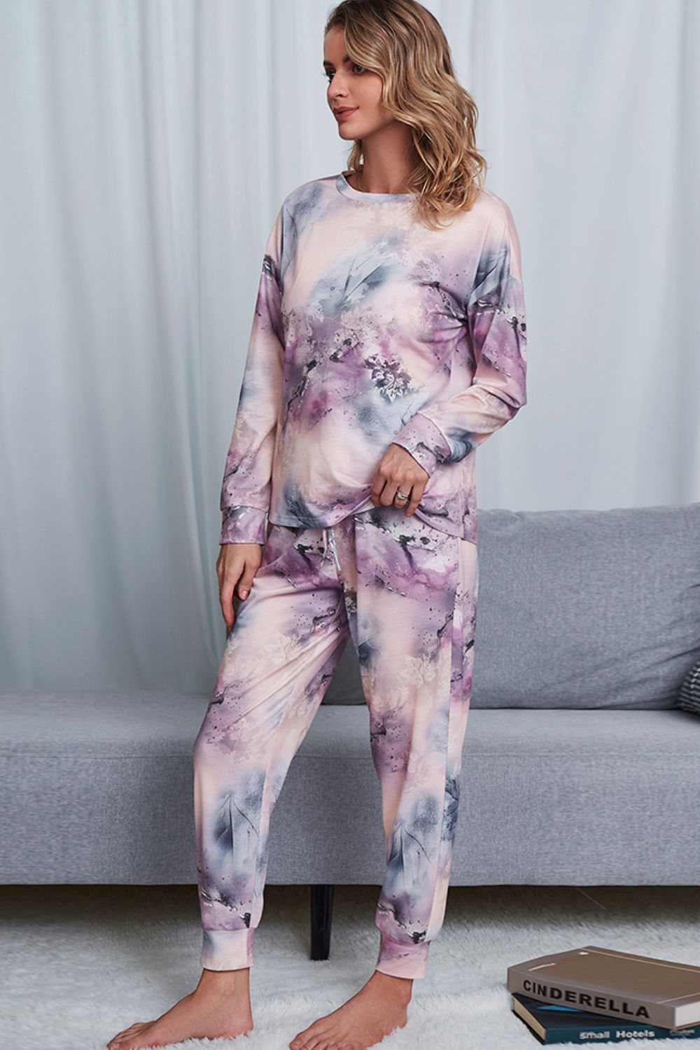 Women's Tie-Dye Crewneck Top and Drawstring Waist Joggers Lounge Set