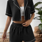 Contrast Lapel Collar Cropped Shirt and Shorts Lounge Set