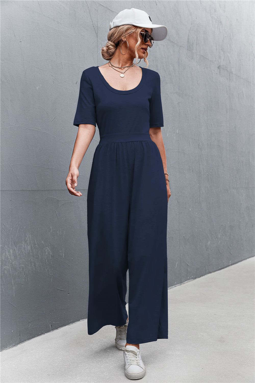 Women's Scoop Neck Half Sleeve Wide Leg Jumpsuit