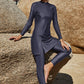 Slit Mock Neck Long Sleeve Top and Pants Swim Set