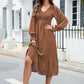 Swiss Dot V-Neck Smocked Lantern Sleeve Ruffle Hem Dress