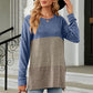 Full Size Color Block Round Neck Long Sleeve Slit T-Shirt