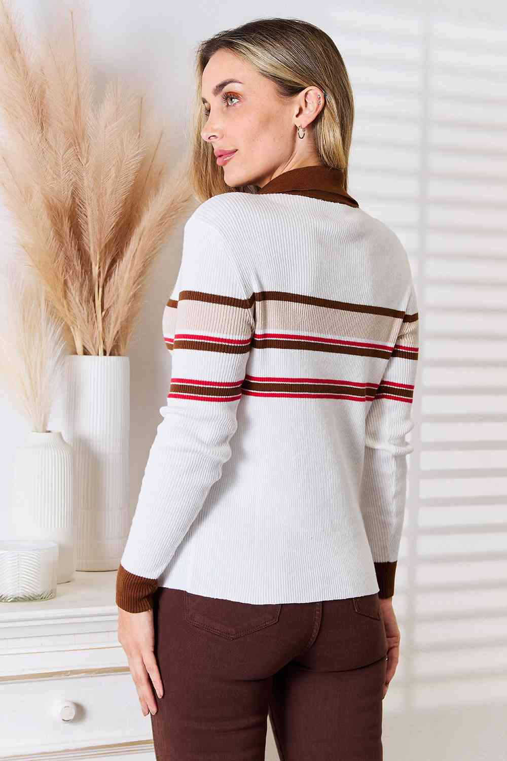 Basic Bae Striped Collared Neck Rib-Knit Top *