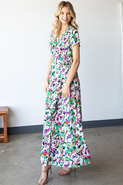 First Love Slit Printed Surplice Tie Waist Short Sleeve Dress *