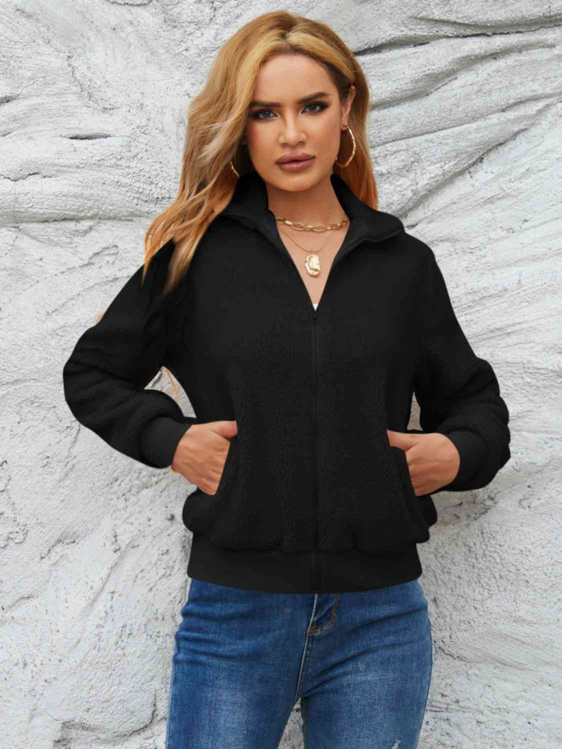 Zip Up Collared Neck Long Sleeve Jacket