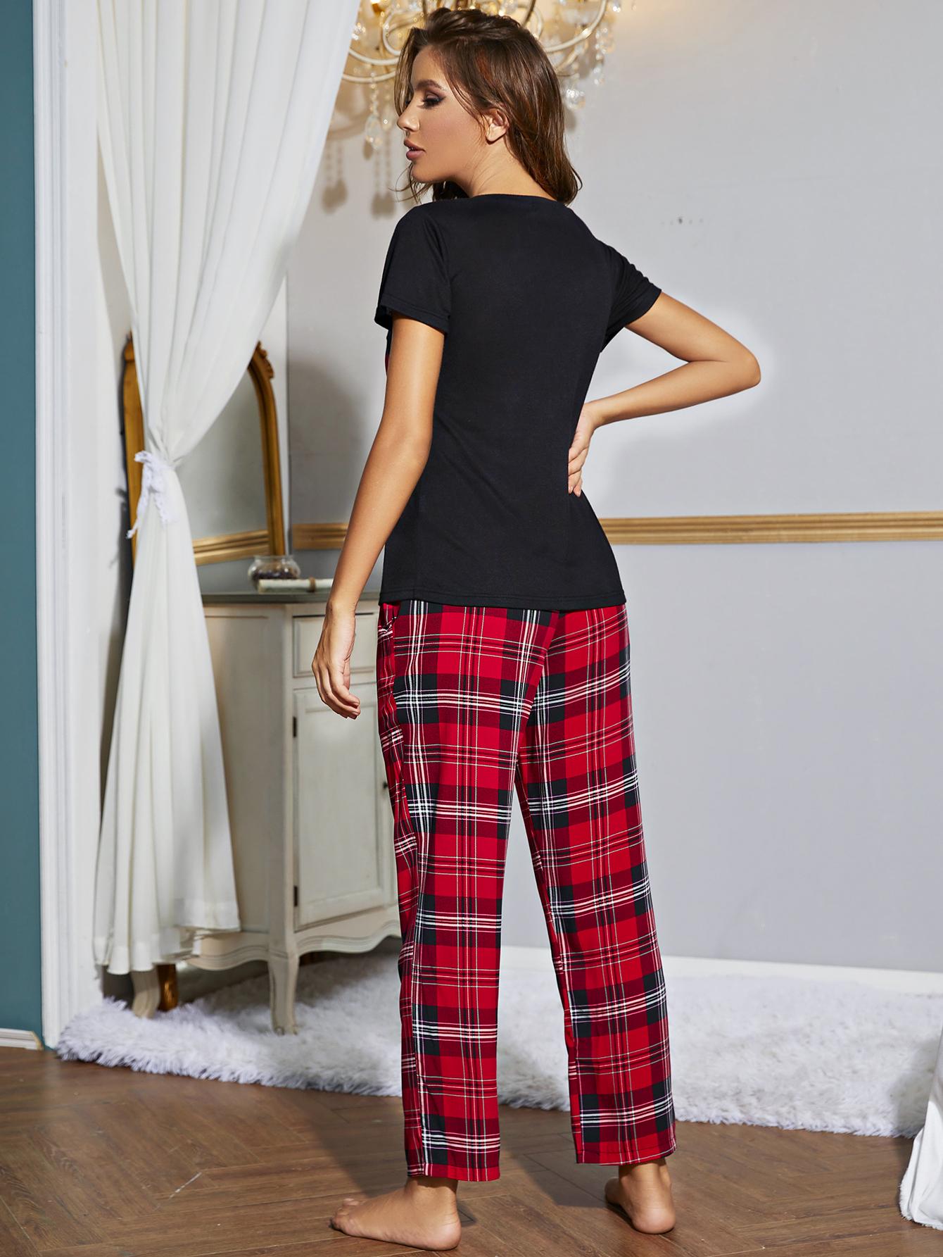 Women's Heart Graphic V-Neck Top and Plaid Pants Lounge Set