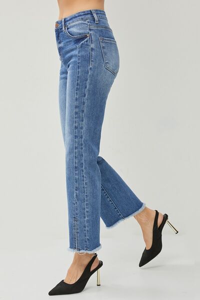 RISEN High Waist Raw Hem Slit Straight Jeans *