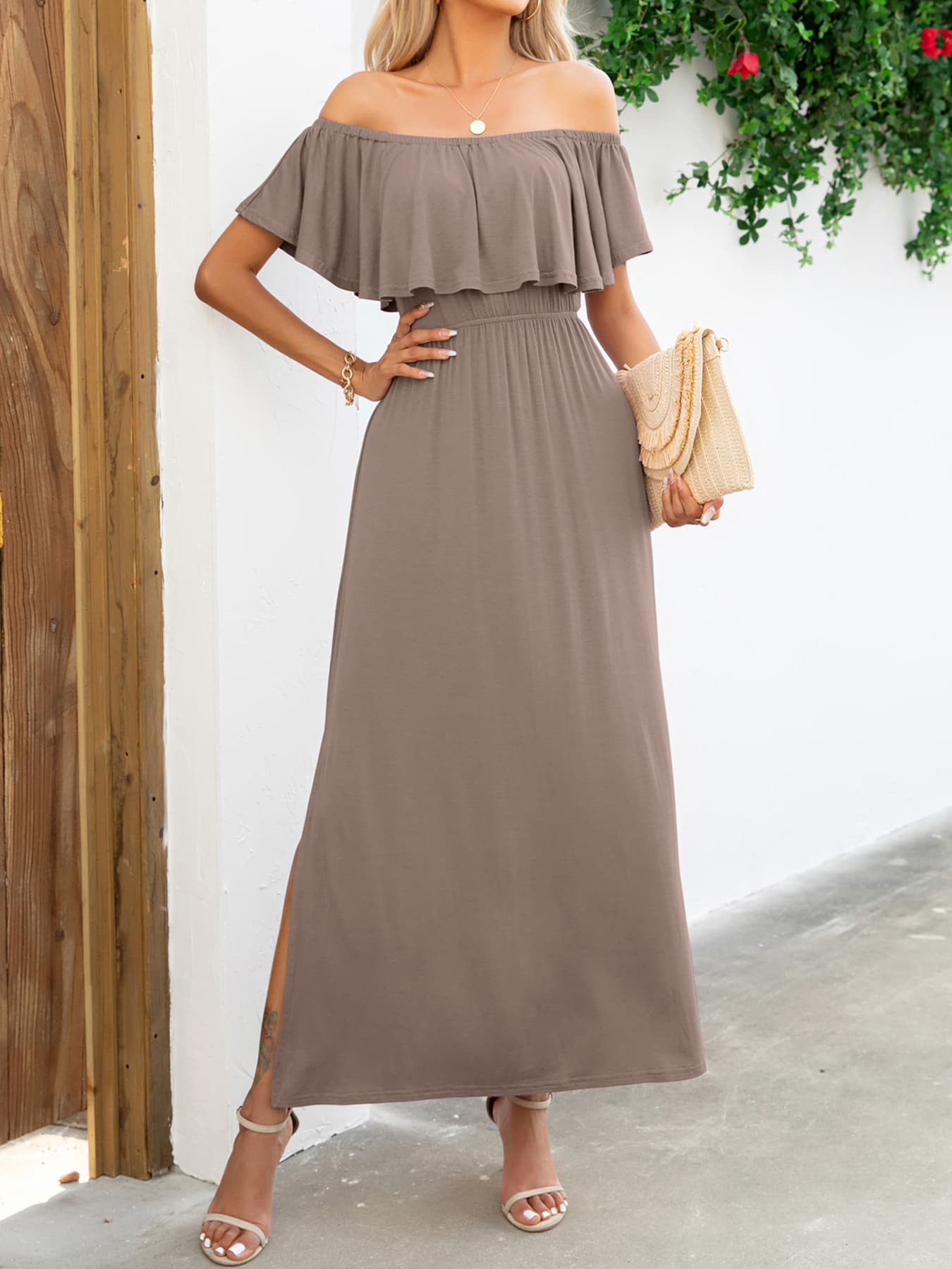 OCEANSIDE Full Size Off-Shoulder Slit Maxi Dress