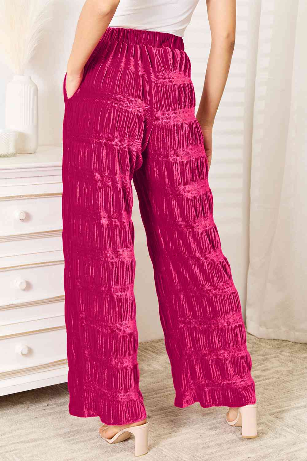 Double Take Full Size High Waist Tiered Shirring Velvet Wide Leg Pants *