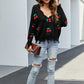 Cherry Pattern Frayed Trim V-Neck Sweater