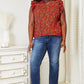 Double Take Red Orange Floral Flutter Sleeve Notched Neck Blouse