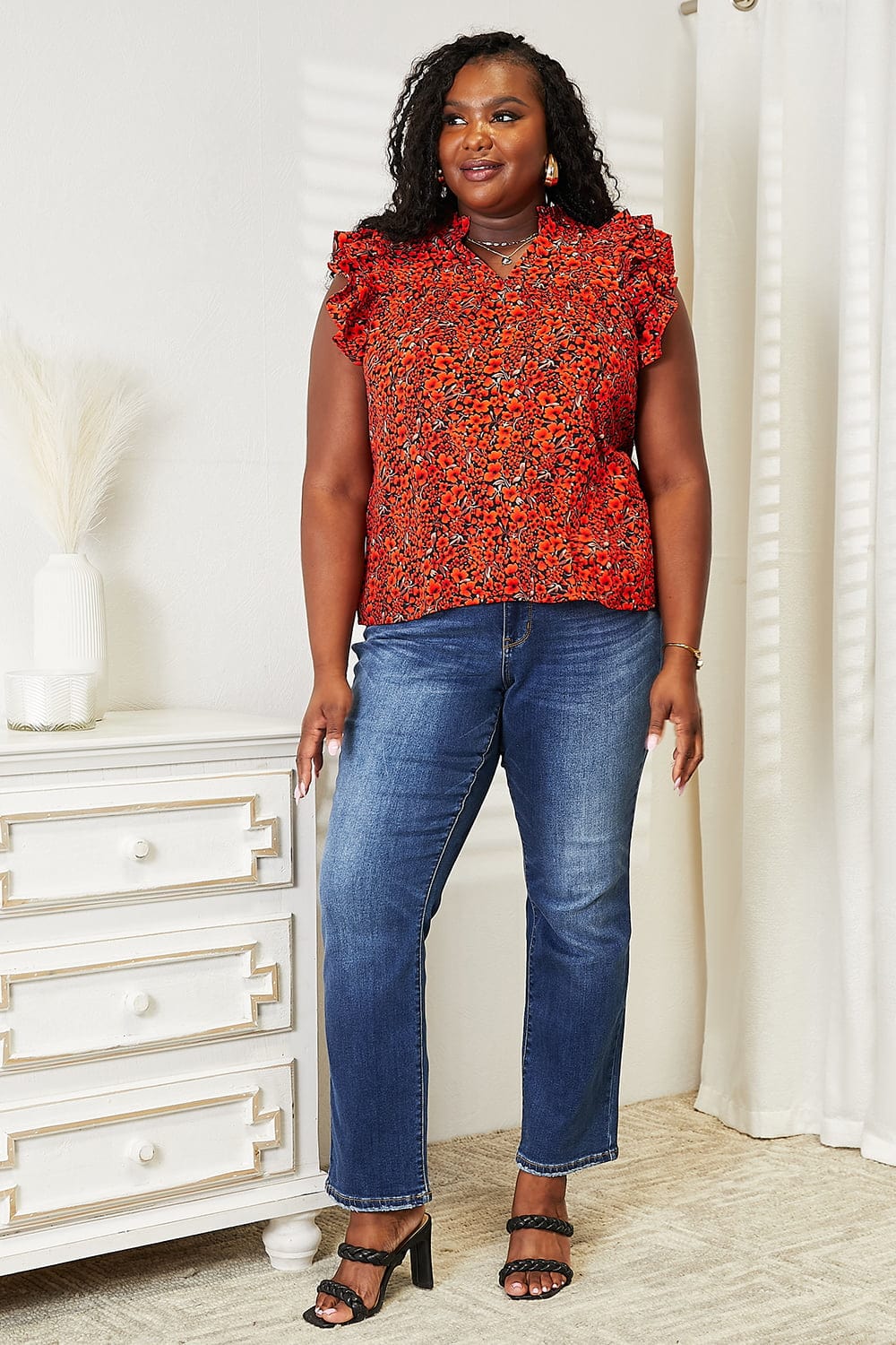 Double Take Red Orange Floral Flutter Sleeve Notched Neck Blouse