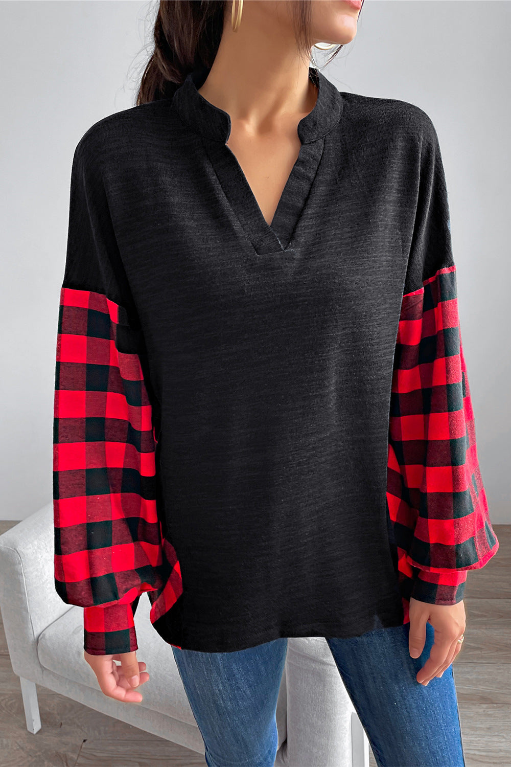 Buffalo Plaid Color Block Balloon Sleeve Top